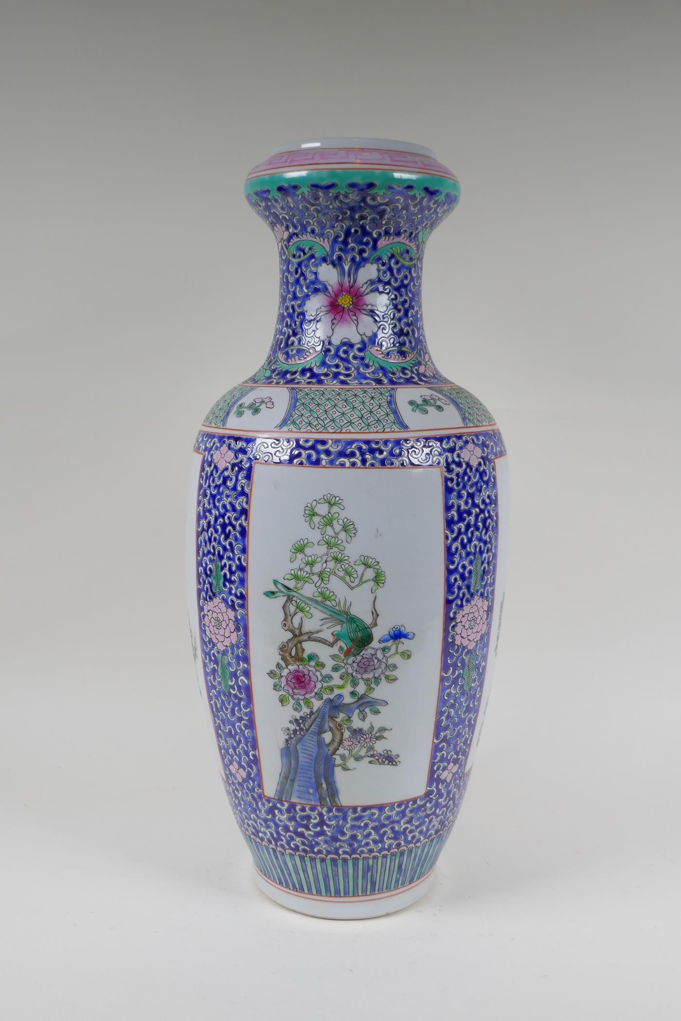 A famille rose porcelain vase, with decorative panels depicting asiatic birds amongst flowers, - Image 4 of 6
