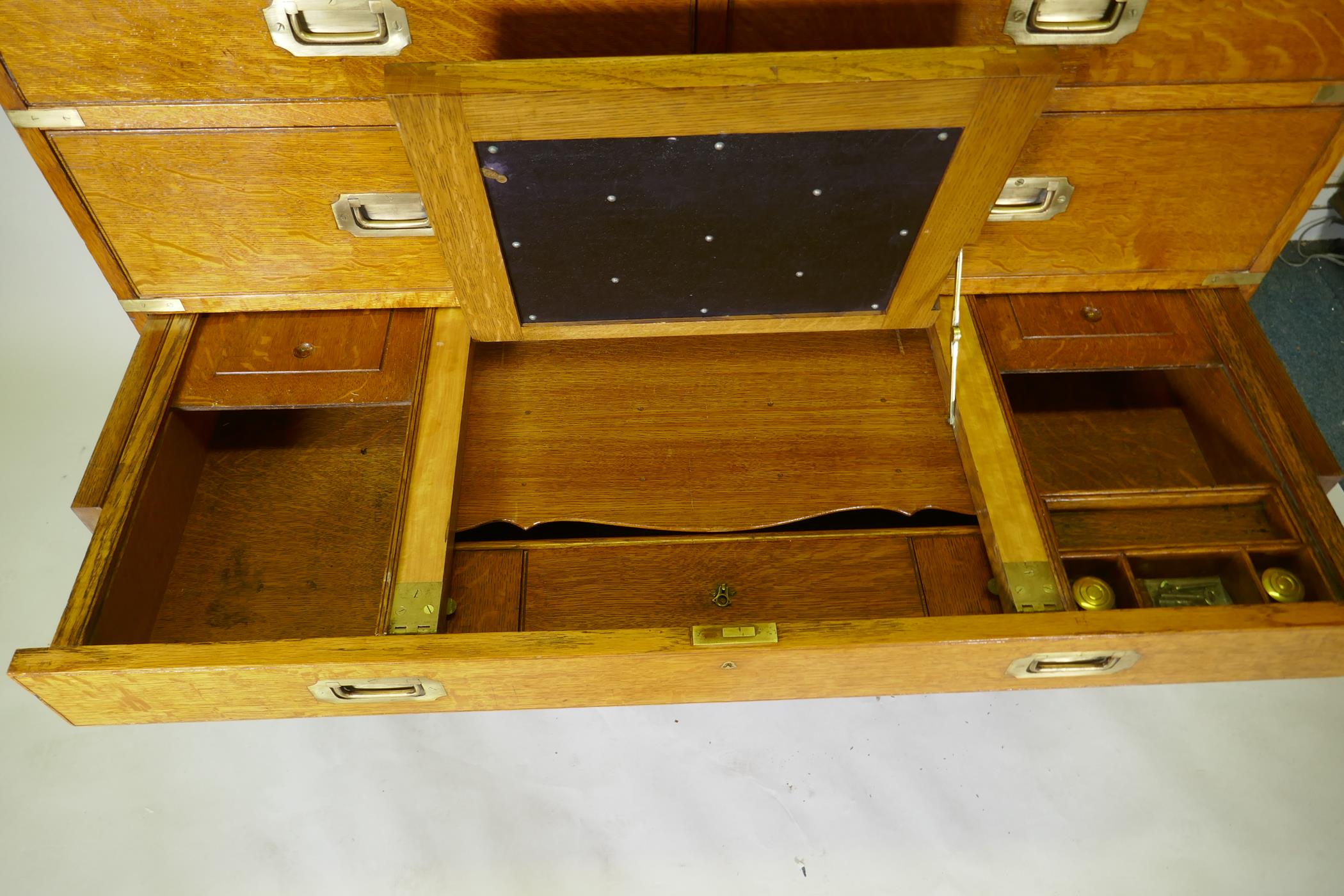 A fine late C19th/early C20th golden oak secretaire campaign style chest of two sections, the - Image 4 of 9