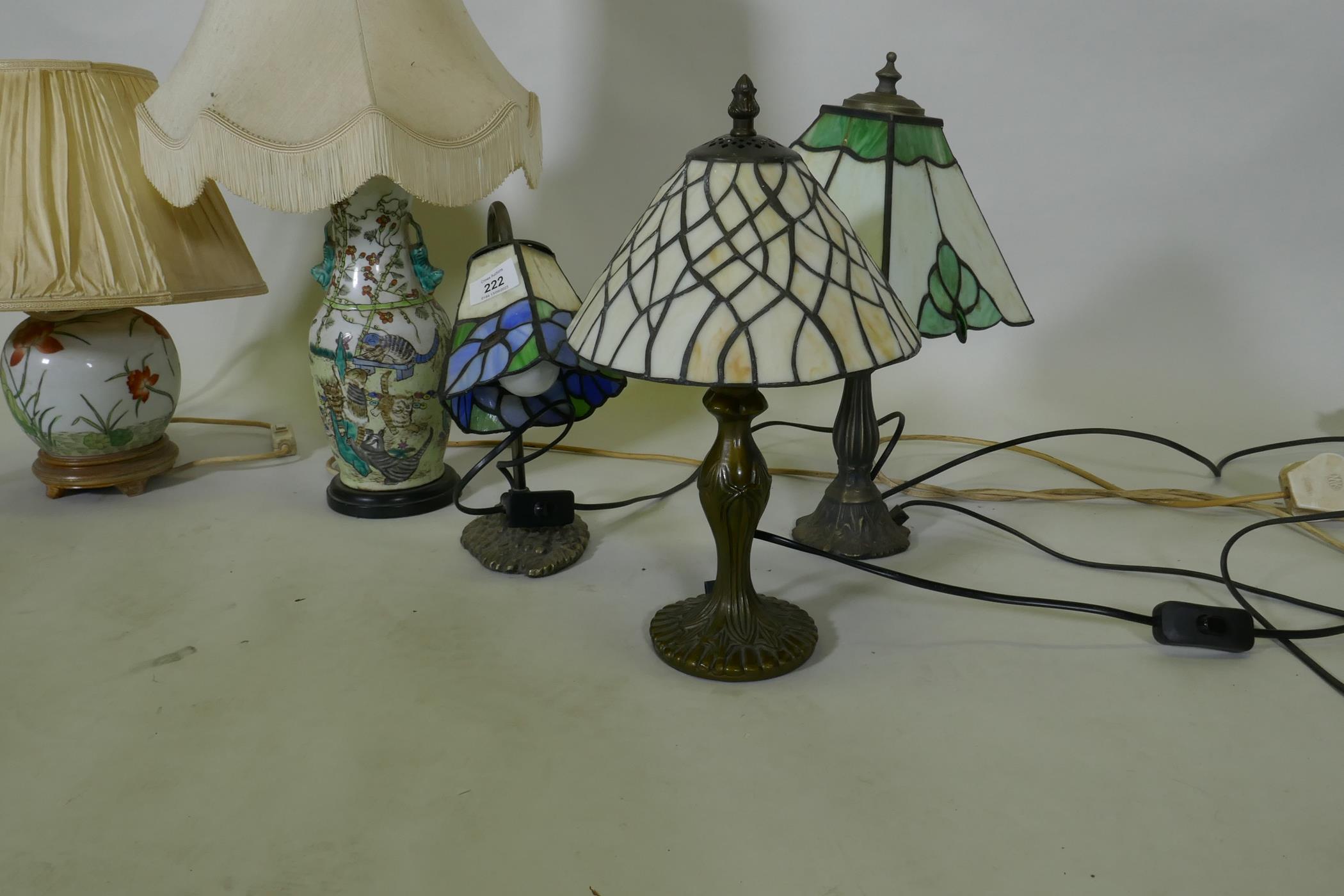 Two oriental porcelain table lamps, three brass Art Nouveau style with lamps Tiffany style shades, a - Image 5 of 5