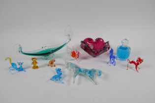 A quantity of Murano glass animals, two ash trays and a paperweight, AF, largest 23cm long