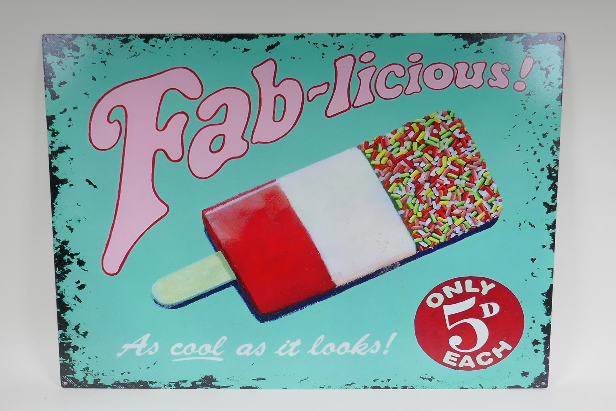 A vintage style metal 'Fab' ice lolly advertising sign, 70 x 50cm