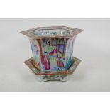 A C19th Chinese Canton famille rose porcelain planter and dish of hexagonal form, decorated with