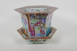 A C19th Chinese Canton famille rose porcelain planter and dish of hexagonal form, decorated with