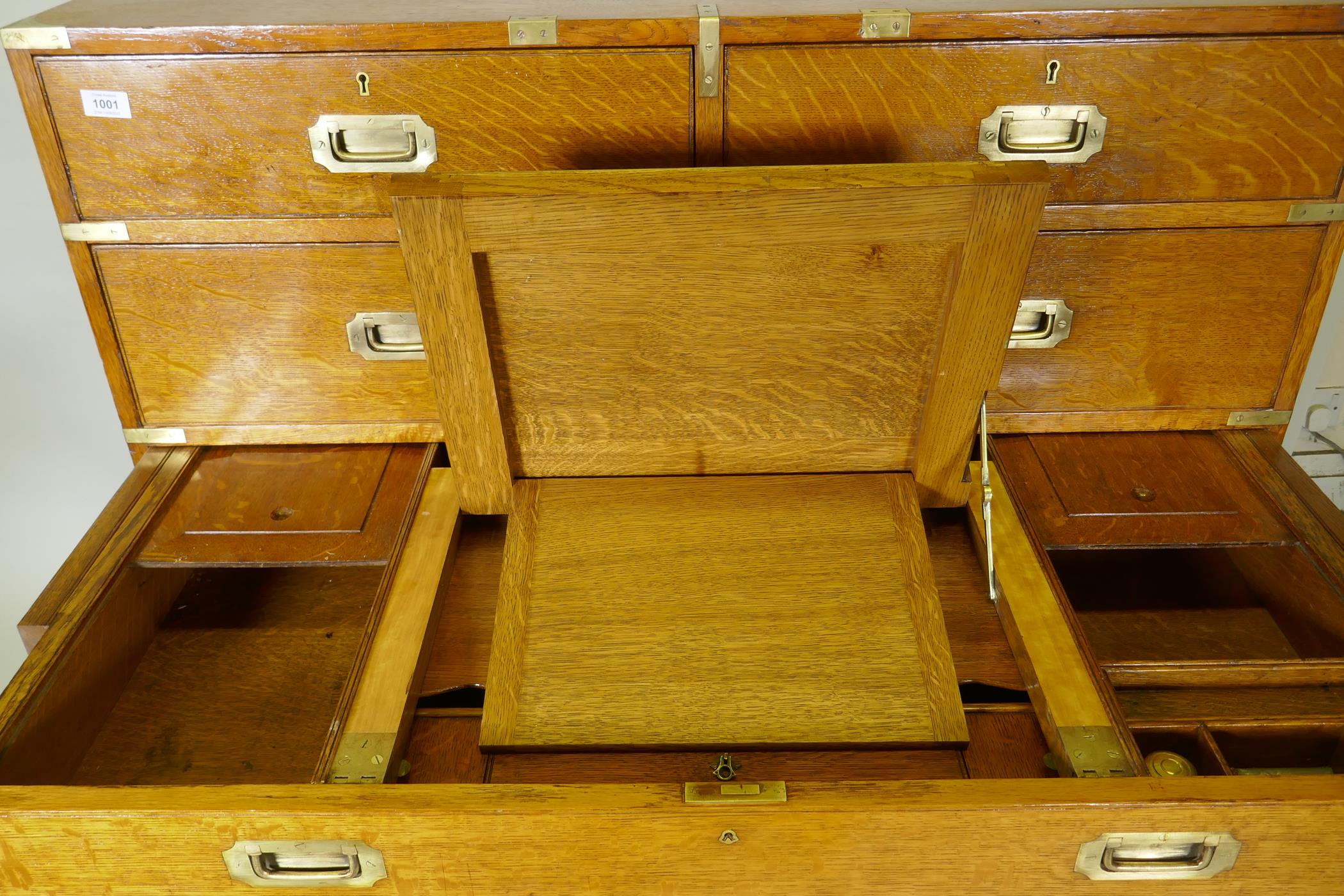 A fine late C19th/early C20th golden oak secretaire campaign style chest of two sections, the - Image 5 of 9