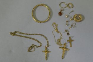 9ct gold, three crucifix, chains and hoop earrings, studs and pendants, 7.7g weighable gold, 9.4g