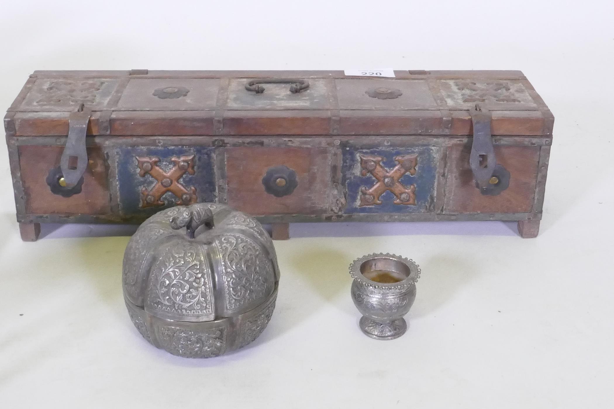 An Indian wood and metal mounted candle box, white metal pot and cover, a pair of bronzed metal - Image 4 of 5