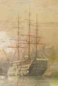W.E. Atkins, HMS Victory and St Vincent, a pair of watercolours of the ships at anchor, signed, 19 x