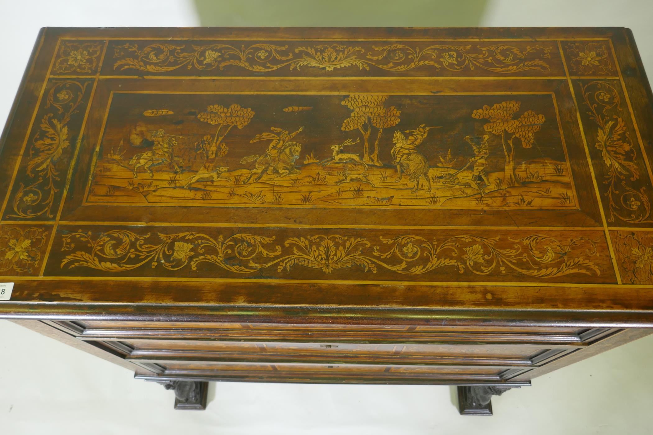 C18th/C19th Italian/Swiss marquetry inlaid walnut chest of three drawers, inlaid with hunting - Image 3 of 10