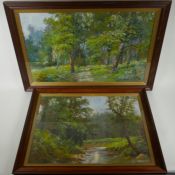 Samuel Dowell, (British, 1874-1939), two woodland scenes, oils on board, 62 x 38cm largest