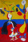 In the manner of Joan Miro, (Spanish, 1893-1983), surrealist figural abstract, oil on board, 40 x