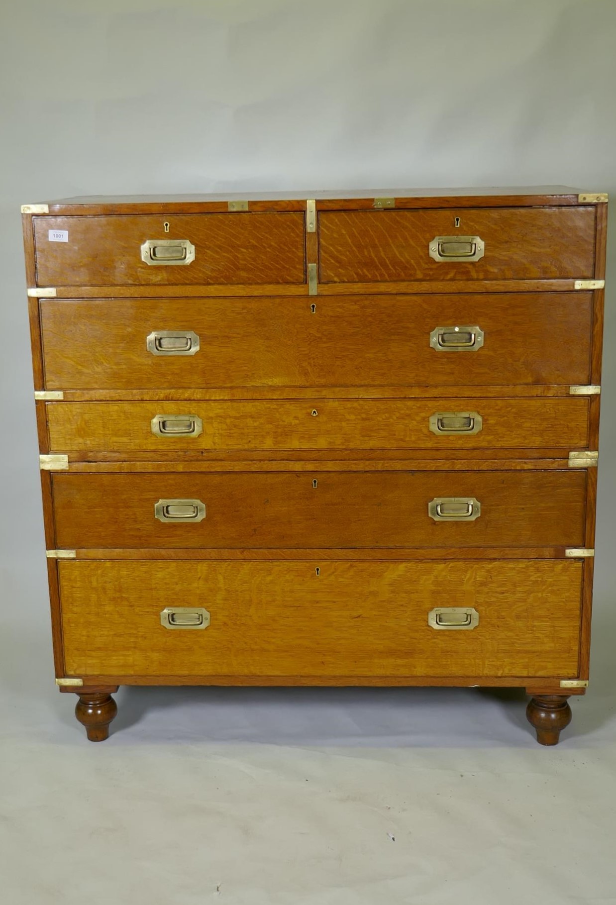 A fine late C19th/early C20th golden oak secretaire campaign style chest of two sections, the - Image 2 of 9