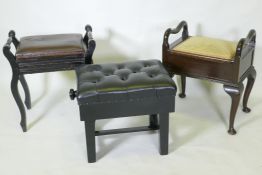 A contemporary black lacquered rising piano stool and two Edwardian stools