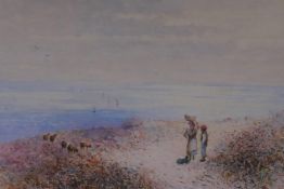 Thomas Dingle Jr, (British, 1844-1919), beach scene with shepherd and his flock, C19th