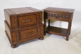 A leather two drawer chest in the form of suitcases, and an oak single drawer side table, 64 x 59cm,