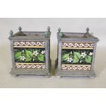 A pair of Victorian zink planters with inset Minton style tiles, 26 x 26cm, 32cm high, AF