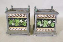 A pair of Victorian zink planters with inset Minton style tiles, 26 x 26cm, 32cm high, AF