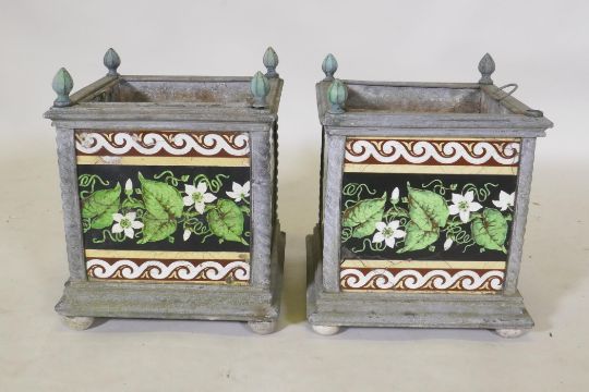 A pair of Victorian zink planters with inset Minton style tiles, 26 x 26cm, 32cm high, AF - Image 1 of 5