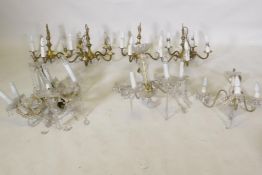 Four five branch brass chadeliers, 35cm high, and three, five and six branch crystal glass