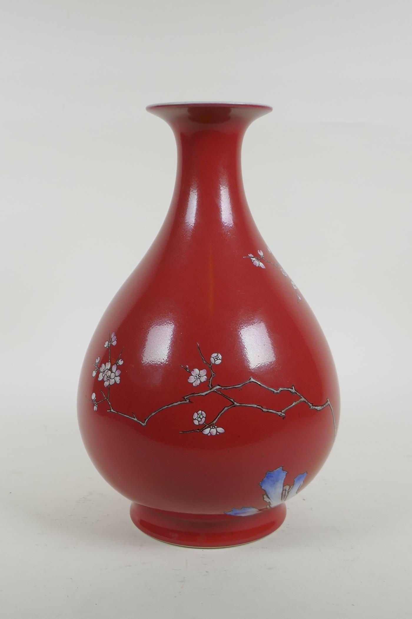 An C18th Chinese Yuhuchunping (pear shaped) porcelain vase, with enamel prunus blossom tree - Image 6 of 11