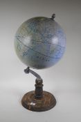 A French terrestrial globe on wood stand, 70cm high