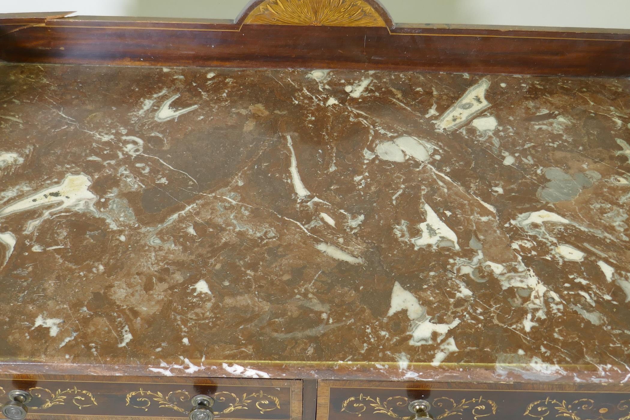 A Victorian inlaid mahogany washstand with rouge marble top and three quarter gallery and two - Image 4 of 7