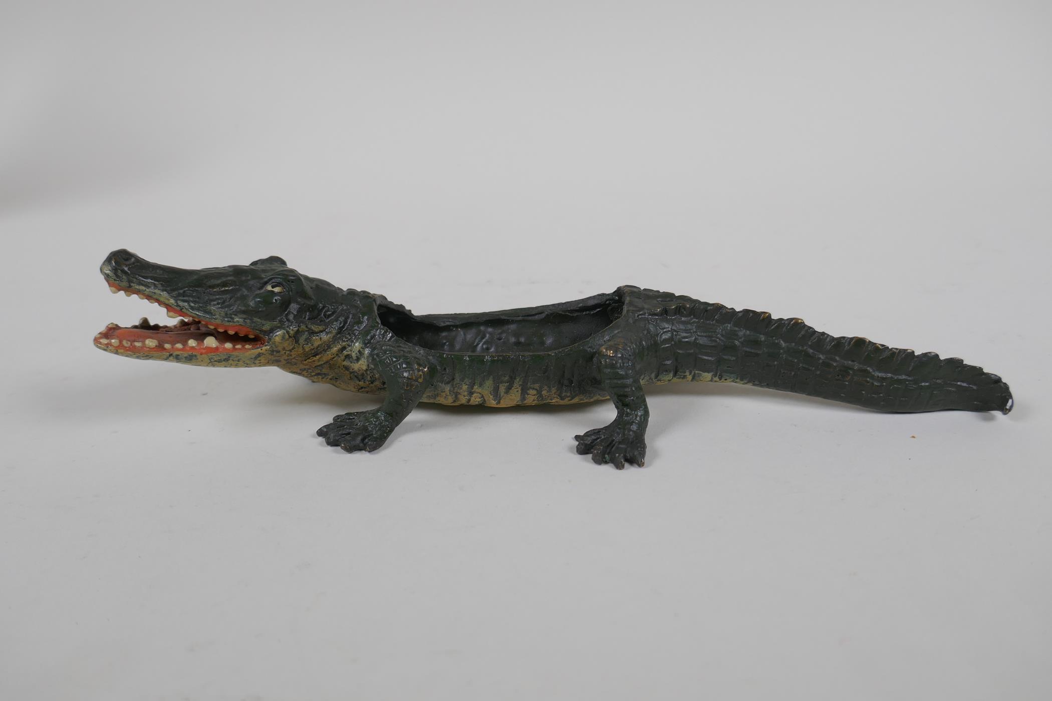 A cold painted bronze crocodile pin tray, in the manner of Bergmann, 22cm long