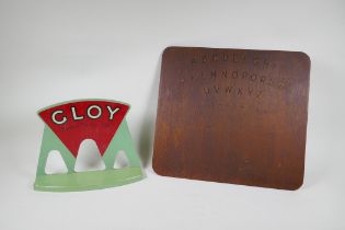 A 1970s Gloy glue hand painted shop display stand, and a 70s hand made Ouija board, 41 x 37cm