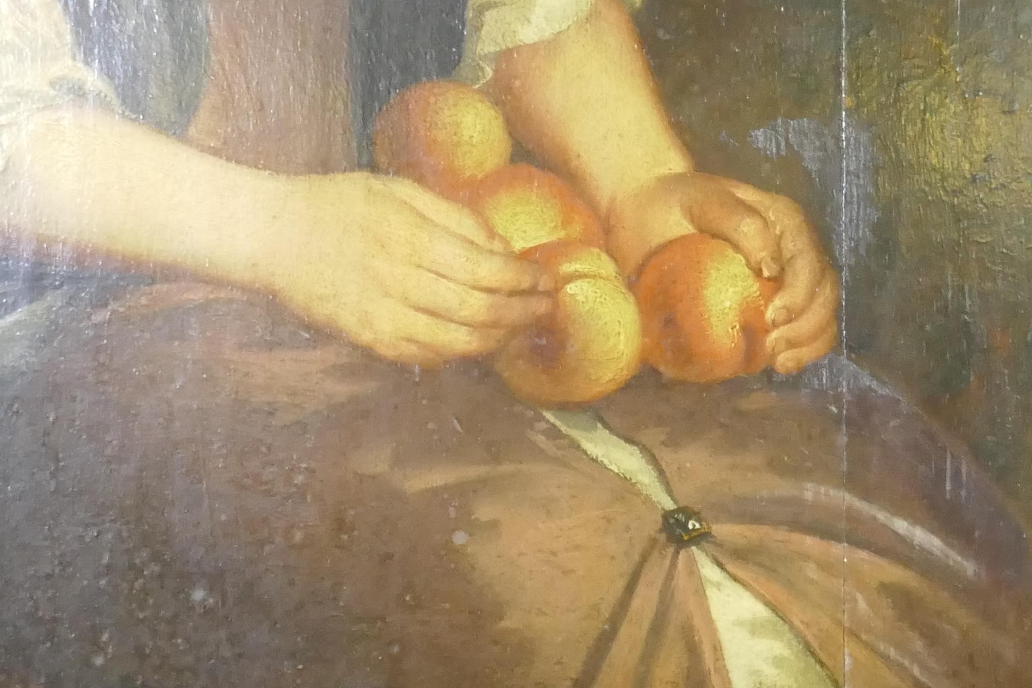 Portrait of a young girl holding peaches, possibly Dutch/Low Countries, C17th, unsigned, oil on - Image 4 of 7