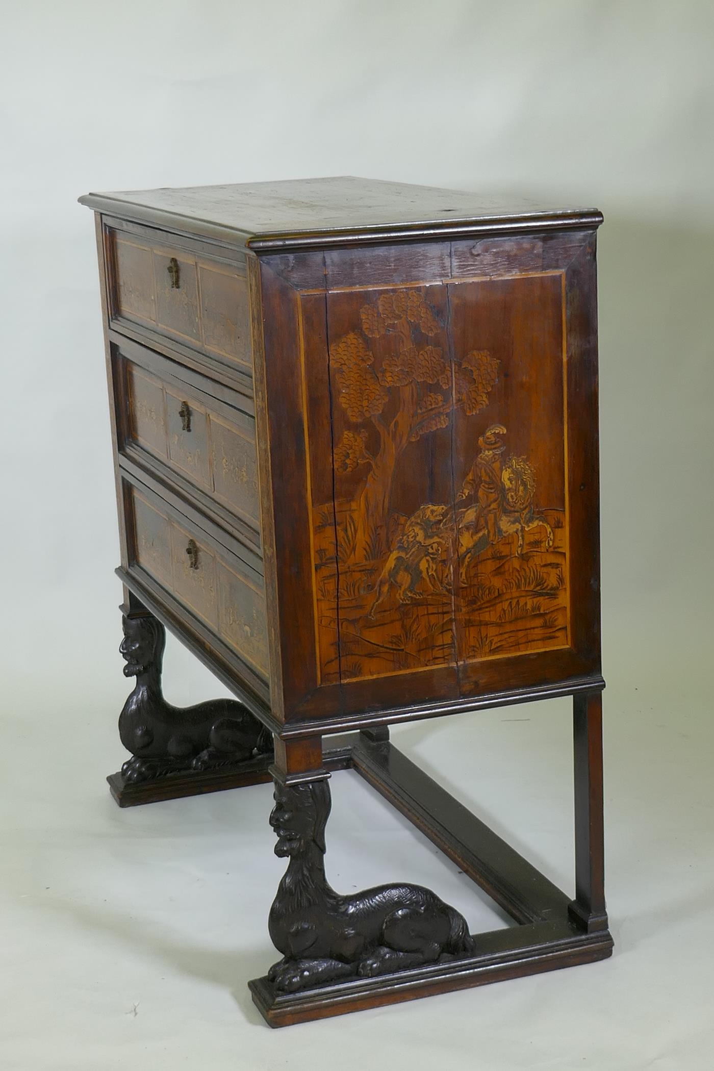 C18th/C19th Italian/Swiss marquetry inlaid walnut chest of three drawers, inlaid with hunting - Image 6 of 10