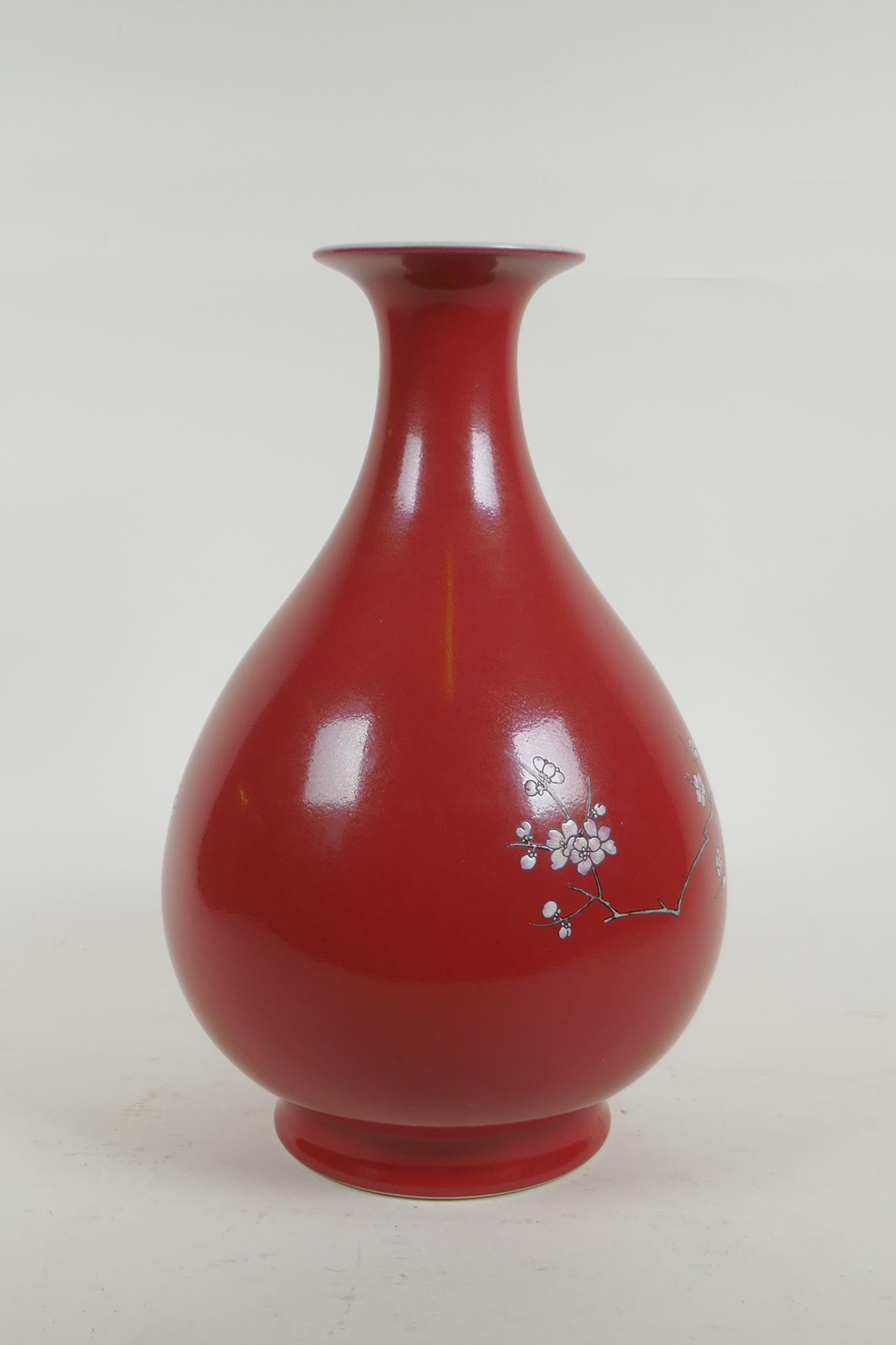 An C18th Chinese Yuhuchunping (pear shaped) porcelain vase, with enamel prunus blossom tree - Image 5 of 11