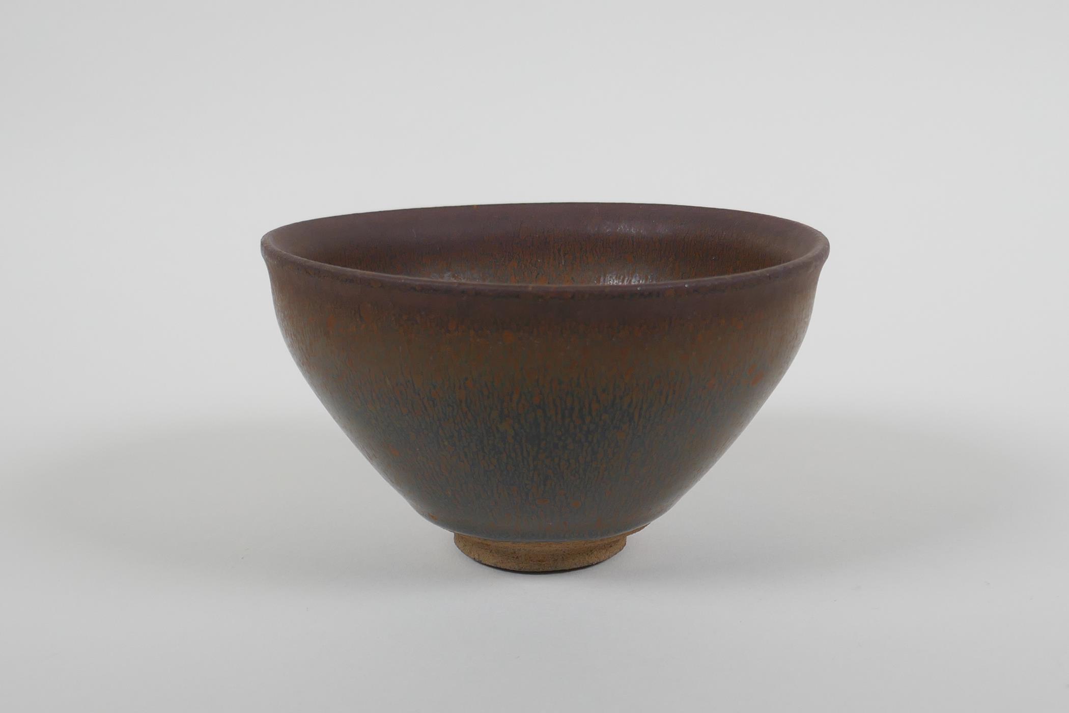 A Chinese Jian ware bowl with hares fur glaze, 2 character mark to base, 12cm diameter