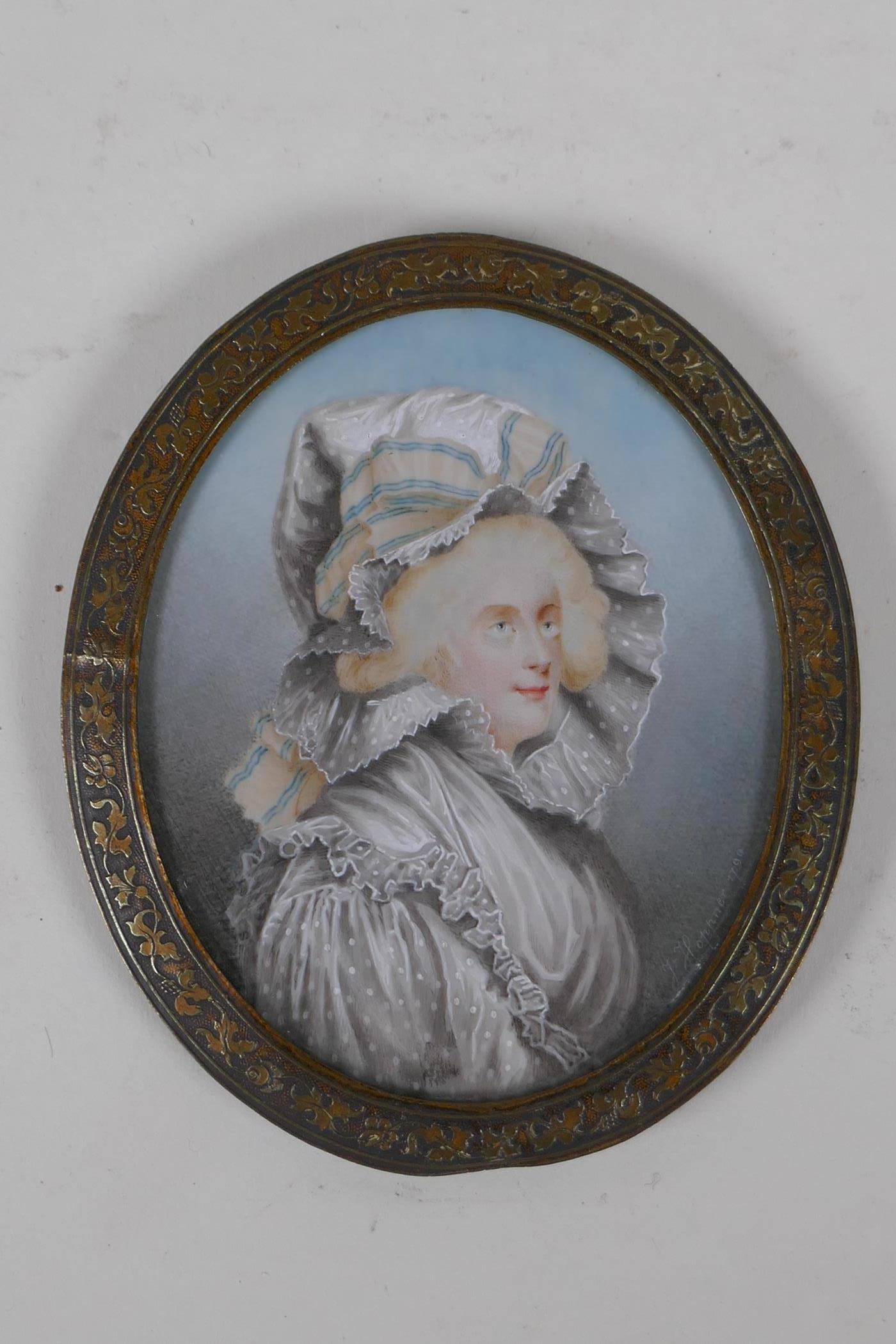 An early C19th miniature watercolour portrait of a lady in a rose metal pendant frame, with - Image 5 of 7
