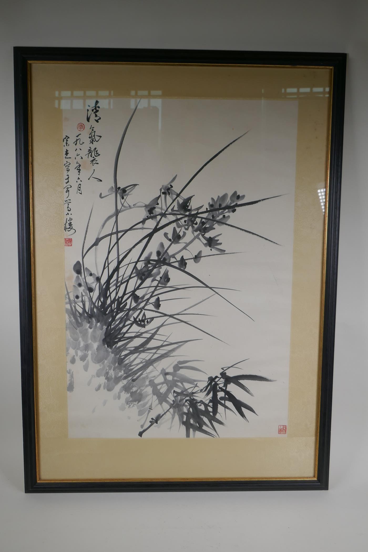 A Chinese monochrome watercolour of orchids and bamboo, signed, early C20th, 44 x 67cm - Image 5 of 6