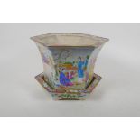 A C19th Chinese Canton famille rose porcelain planter and dish of hexagonal form, decorated with