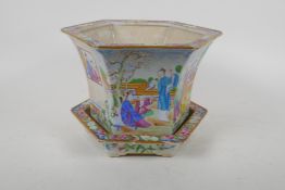 A C19th Chinese Canton famille rose porcelain planter and dish of hexagonal form, decorated with