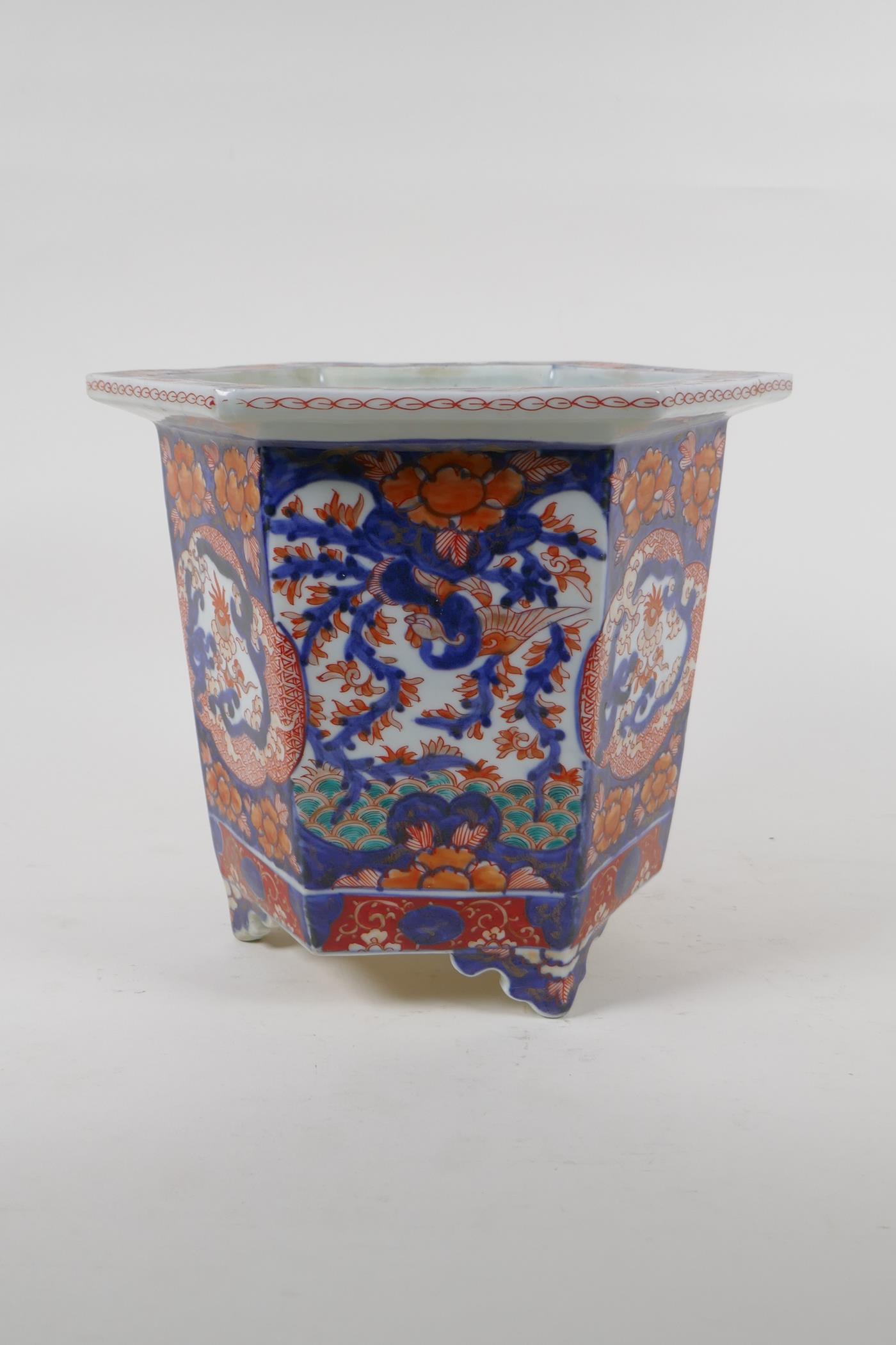 A C19th Chinese Imari porcelain planter of hexagonal form, with phoenix and floral decorative