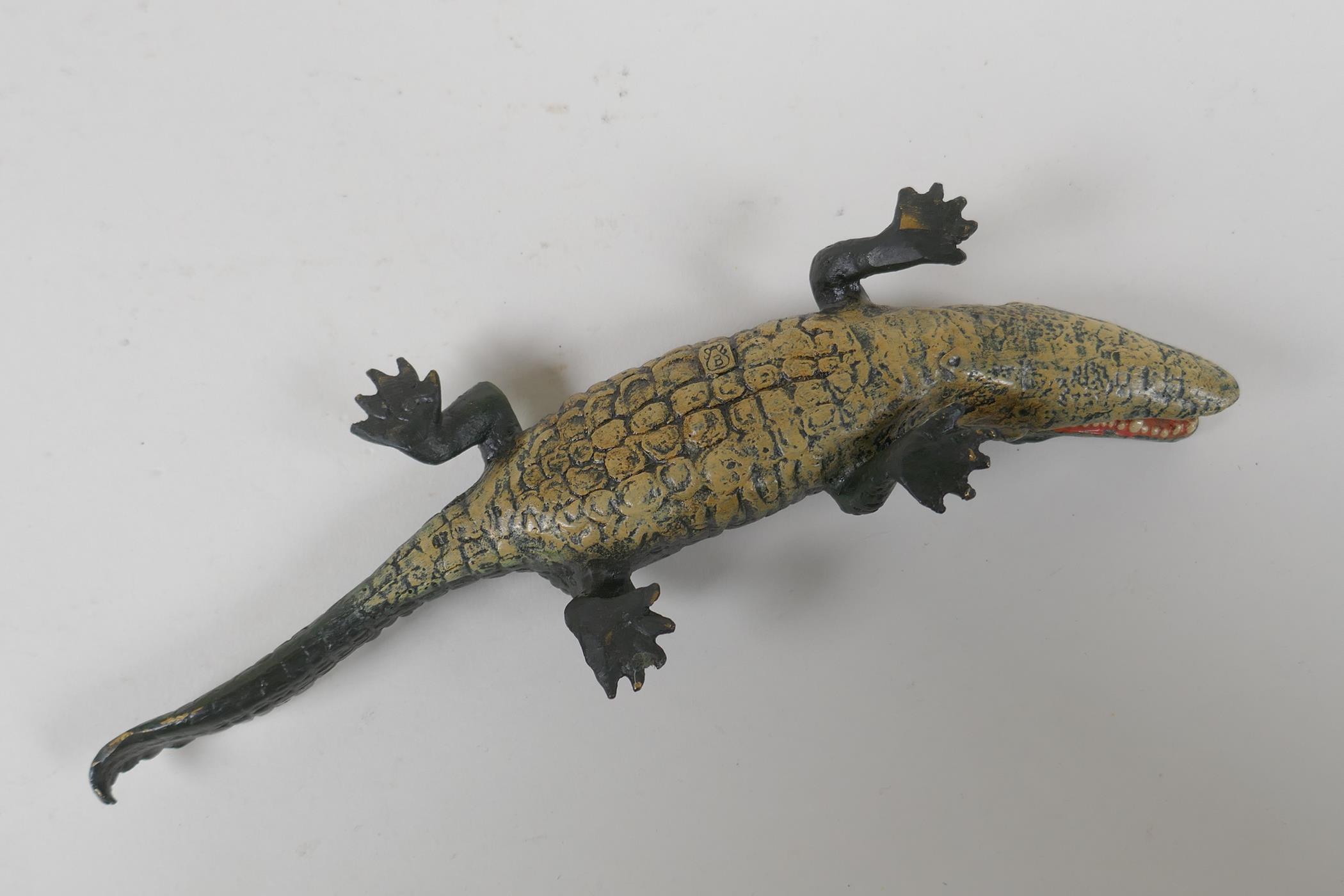 A cold painted bronze crocodile pin tray, in the manner of Bergmann, 22cm long - Image 4 of 5