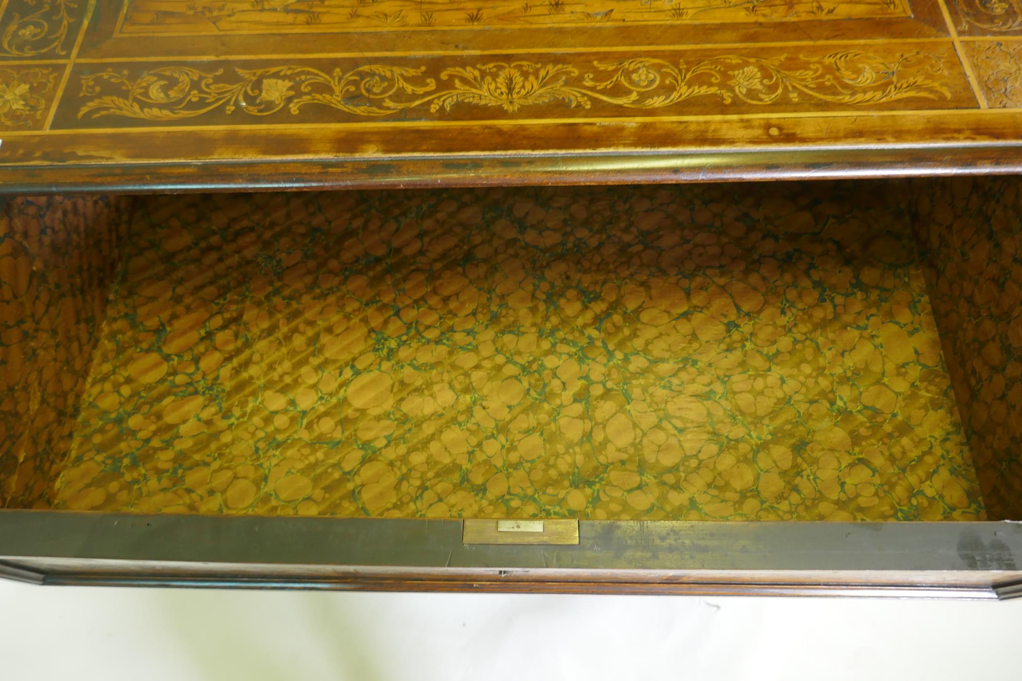 C18th/C19th Italian/Swiss marquetry inlaid walnut chest of three drawers, inlaid with hunting - Image 9 of 10
