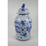 An early C20th Chinese blue and white porcelain jar and cover with four lion mask handles, a Fo-