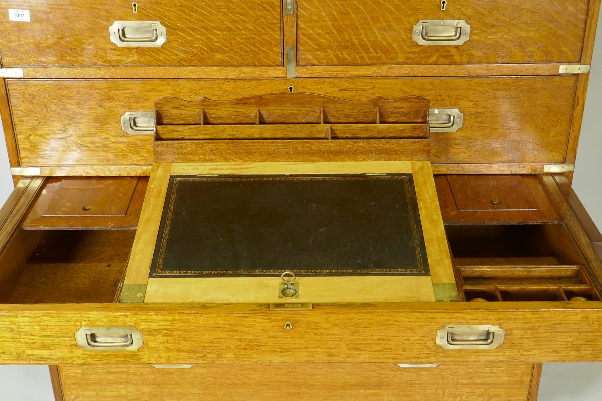 A fine late C19th/early C20th golden oak secretaire campaign style chest of two sections, the - Image 6 of 9