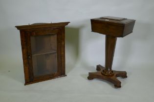 A Regency rosewood teapoy/workbox on an octagonal column, and an elm hanging corner cupboard, 79cm