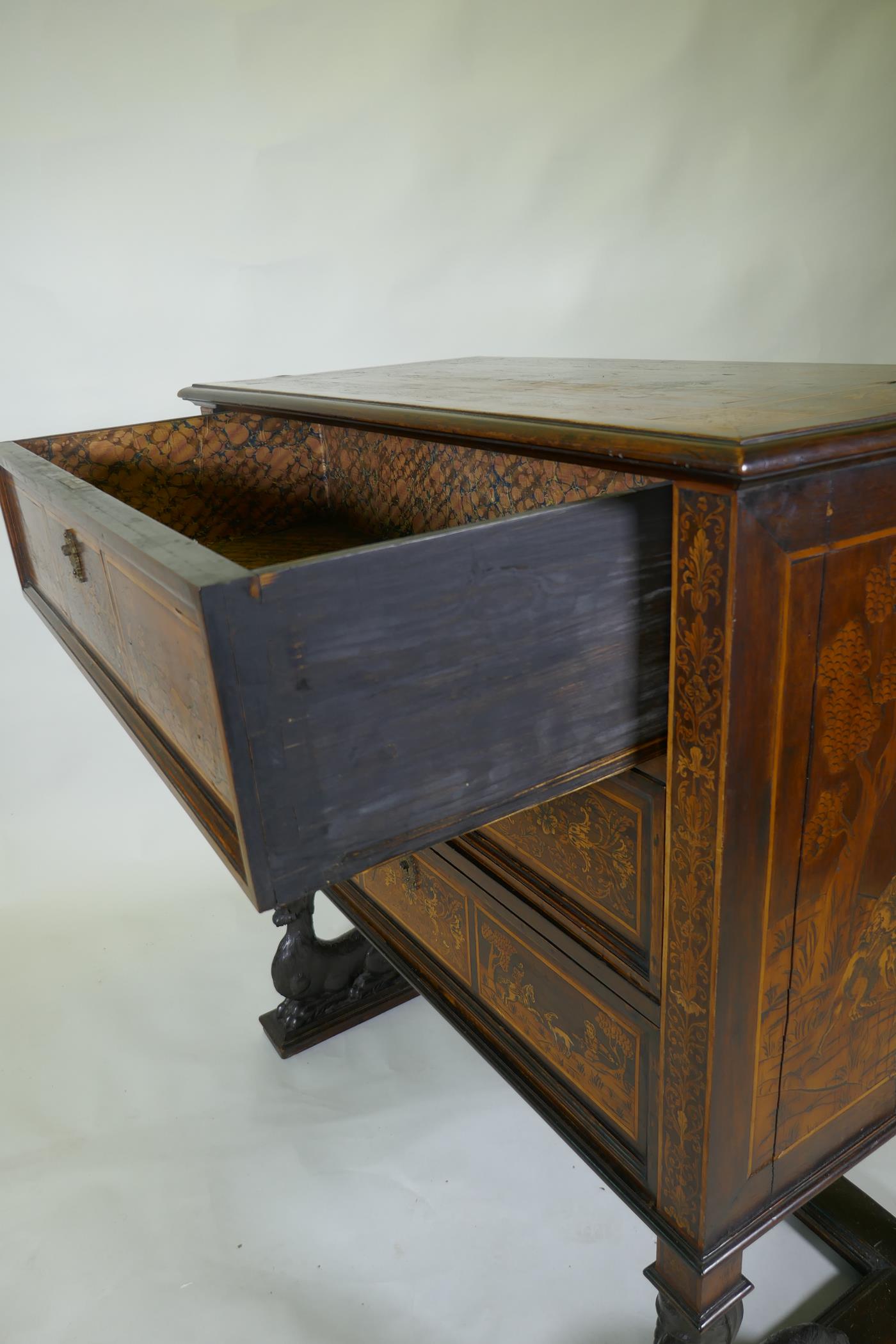 C18th/C19th Italian/Swiss marquetry inlaid walnut chest of three drawers, inlaid with hunting - Image 10 of 10