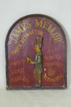 An antique painted wood dentist's sign for James Mellor, Tooth Extractor, with a carved and