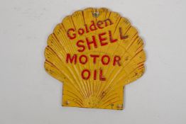 A painted cast iron Golden Shell Motor Oil wall plaque, 17 x 17cm