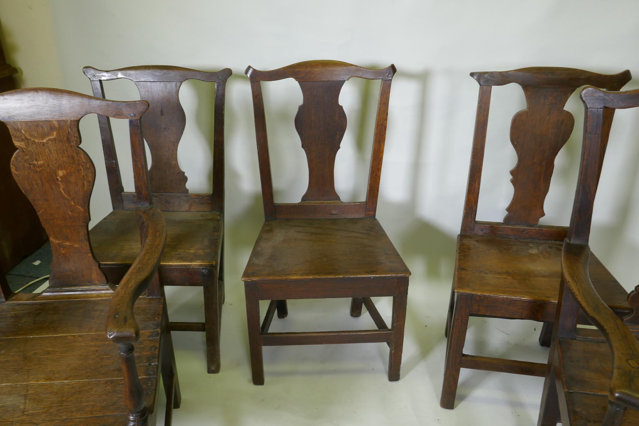 A set of six (4+2) provincial elm Chippendale style dining chairs with pegged joints and - Image 5 of 5