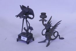 Antique oriental bronze figure of a crane, AF, losses, and candle holder in the form of a dragon,