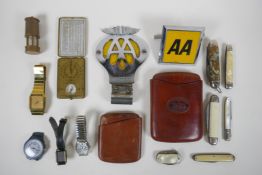 A collection of gentlemen's ephemera to include pen knives, AA badges, cigar and cigar boxes,