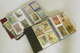 Two postcard albums, topographical UK and transport, over 300, and WWII advertising, over 350, all
