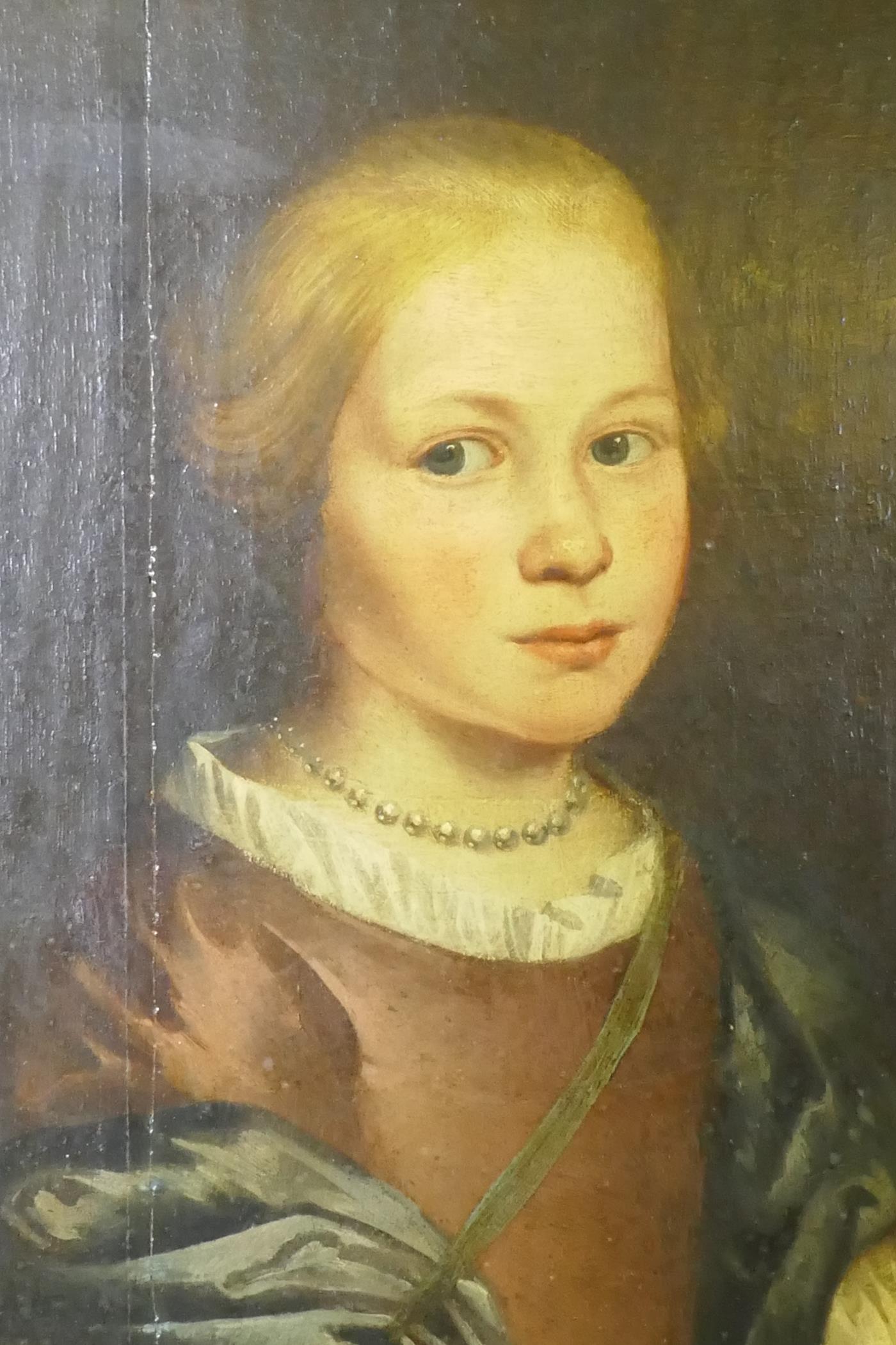 Portrait of a young girl holding peaches, possibly Dutch/Low Countries, C17th, unsigned, oil on - Image 3 of 7