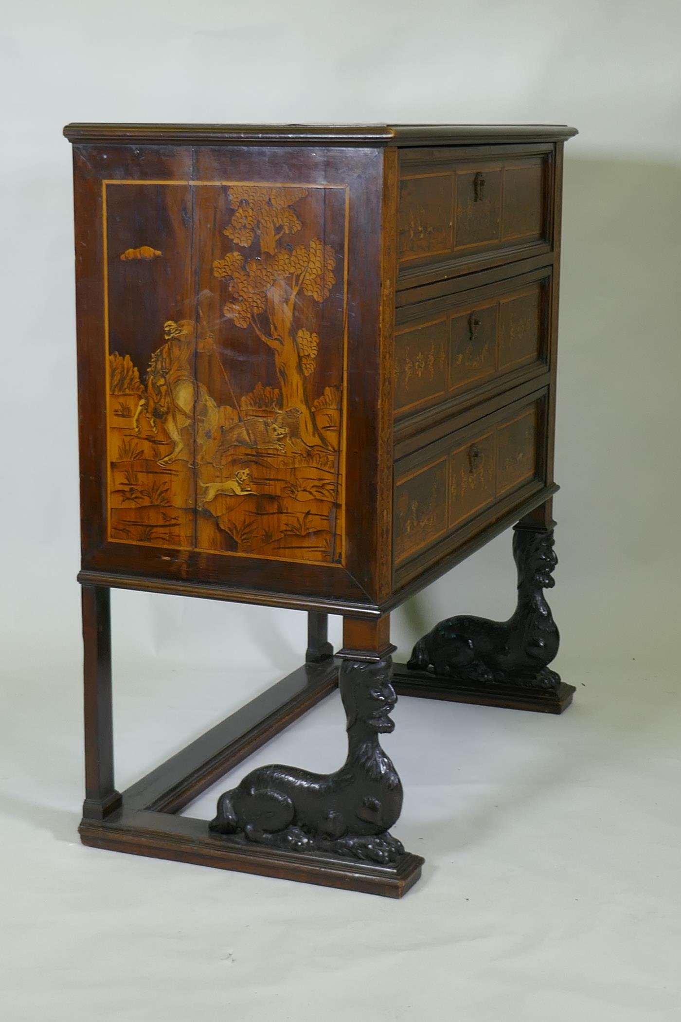 C18th/C19th Italian/Swiss marquetry inlaid walnut chest of three drawers, inlaid with hunting - Image 4 of 10